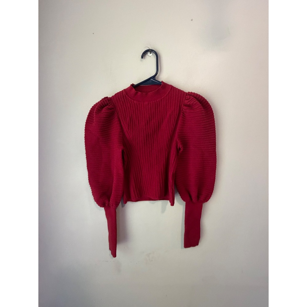 Express Womens Red Ribbed Puff Sleeve Mock Neck Sweater XS 2742